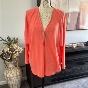Bright Coral V-Neck Zipper Top